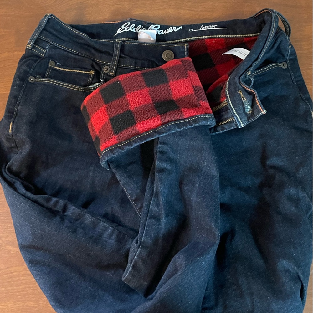 Eddie Bauer Women's Dark Blue Straight Leg Jeans with Red Plaid FleeceLining